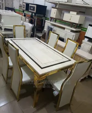 Exquisite Marble Dining Table With 6 Chairs/Gold Frame.