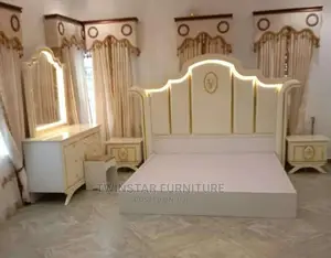 Modern European Bed With Drawers and Mirror Stand With Light