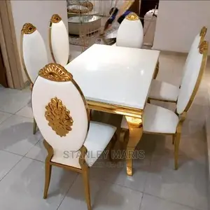 Gold Turkish Marble Dinning Table With Six Leather Chairs