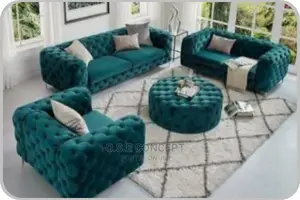 Complete Set of Green Chesterfield Fabric Sofa Centr Table