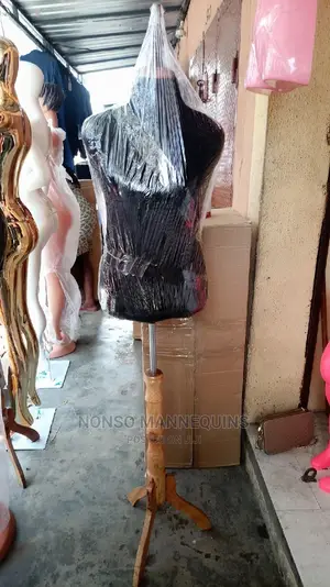 Female Black Body Dressform With Wooden Head and Base