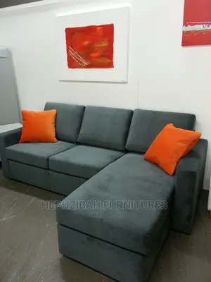 L Shaped Grey Velvet Pillow Back Sofa