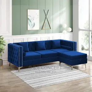 Blue L-Shaped Fabric Sofa Made With Quality Wood and Materi