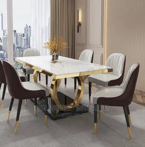 6 Seater Marble Top Gold Chromed Dining Table Set.