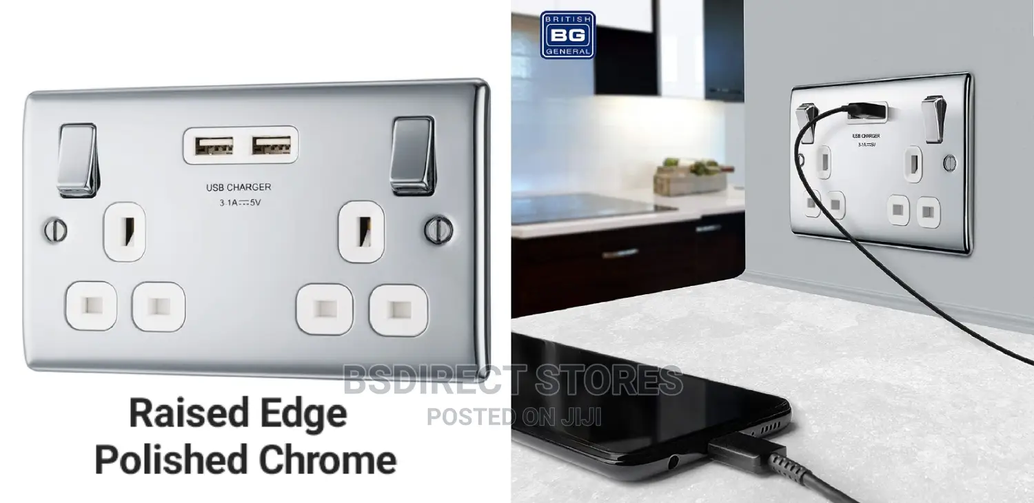 BG Raised Edge Polished Chrome USB Double Socket Screwless