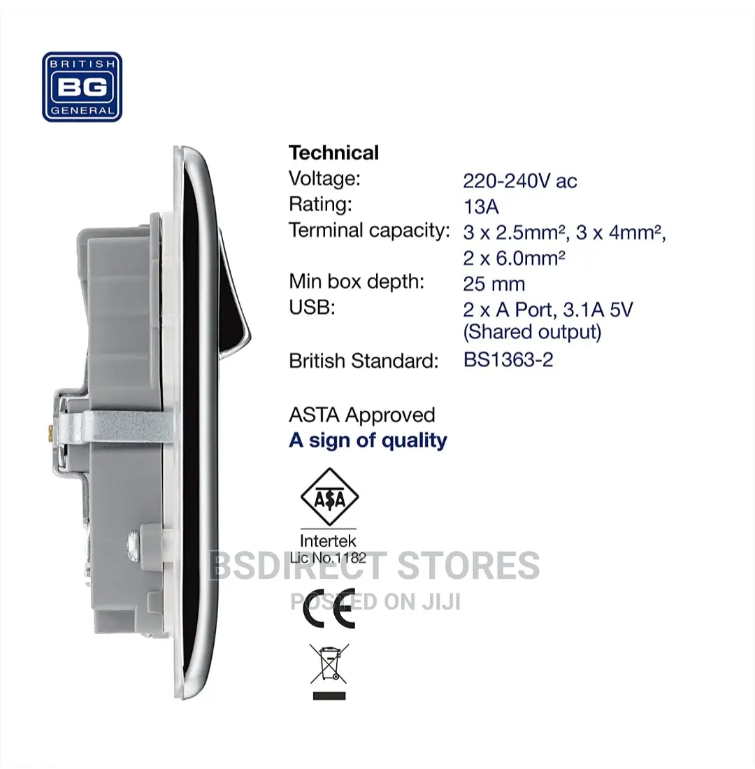 BG Raised Edge Polished Chrome USB Double Socket Screwless