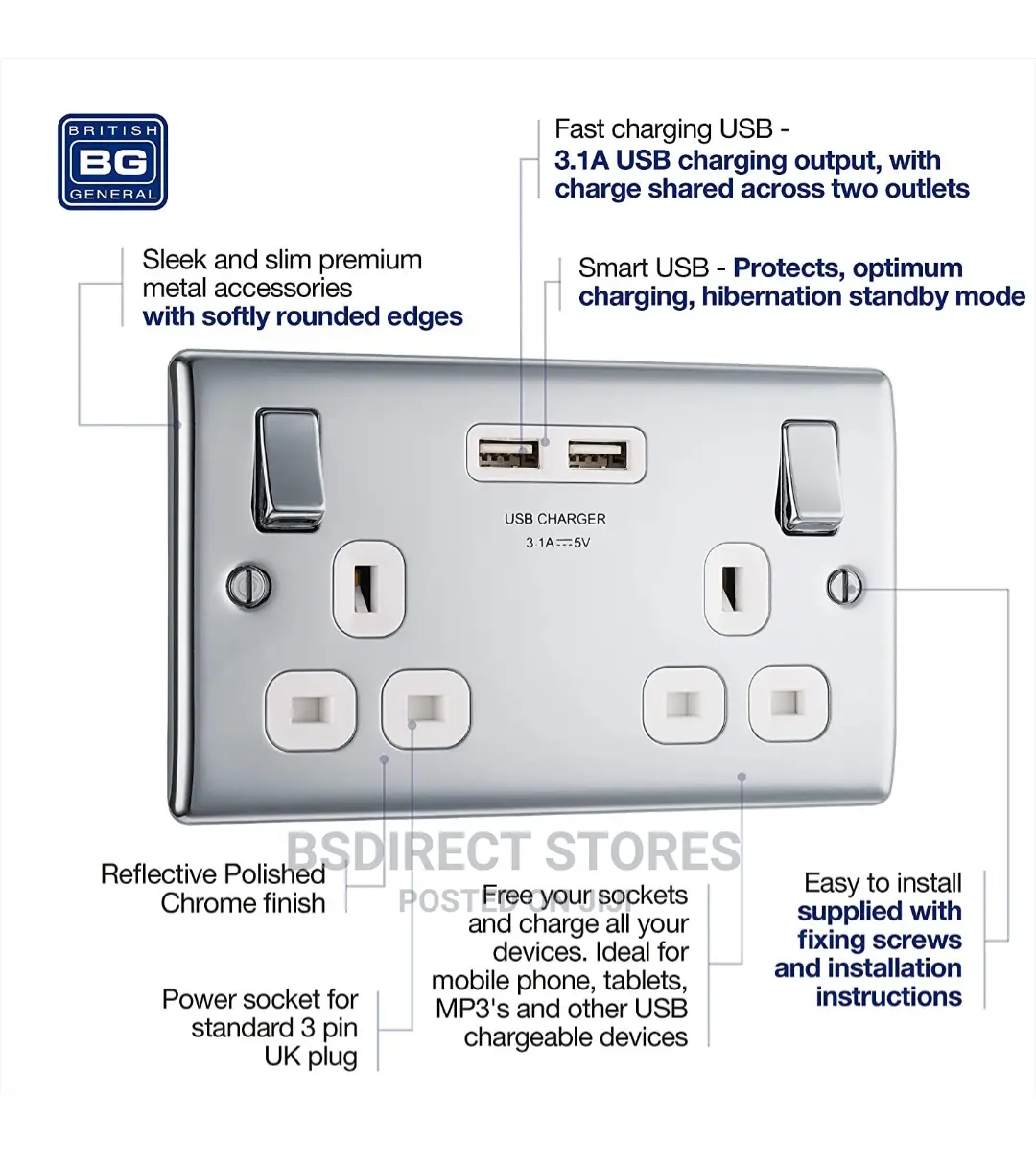 BG Raised Edge Polished Chrome USB Double Socket Screwless
