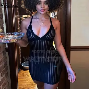 Black Sexy See Through Mesh v-Neck Bodycon Party Mini Dress