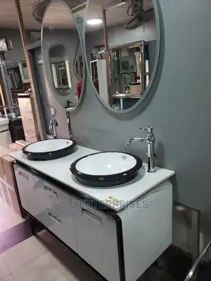 White and Black Double Cabinet Basin With Mirror