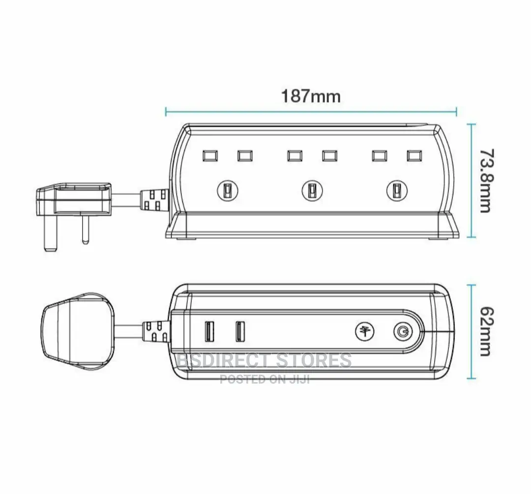 Masterplug BLACK Six Socket Extension Lead With USB - 1m
