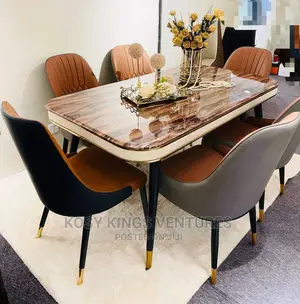 Luxurious Marble Dinning Set With Six Quality Leather Seats