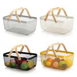 Metal Mesh Steel Storage Organizer Basket With Bamboo Handle