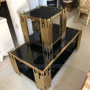 Royal Gold Frame Glass Center Table With Two Side Stools
