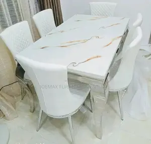 Marble Dining Table By6 With 6 Leather Chairs.