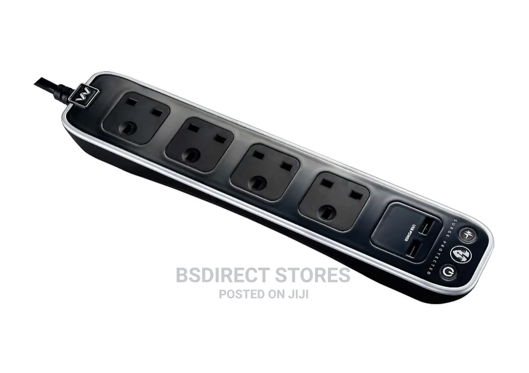 Masterplug BLACK 4 Socket Power Surge Protected Lead + 2 USB