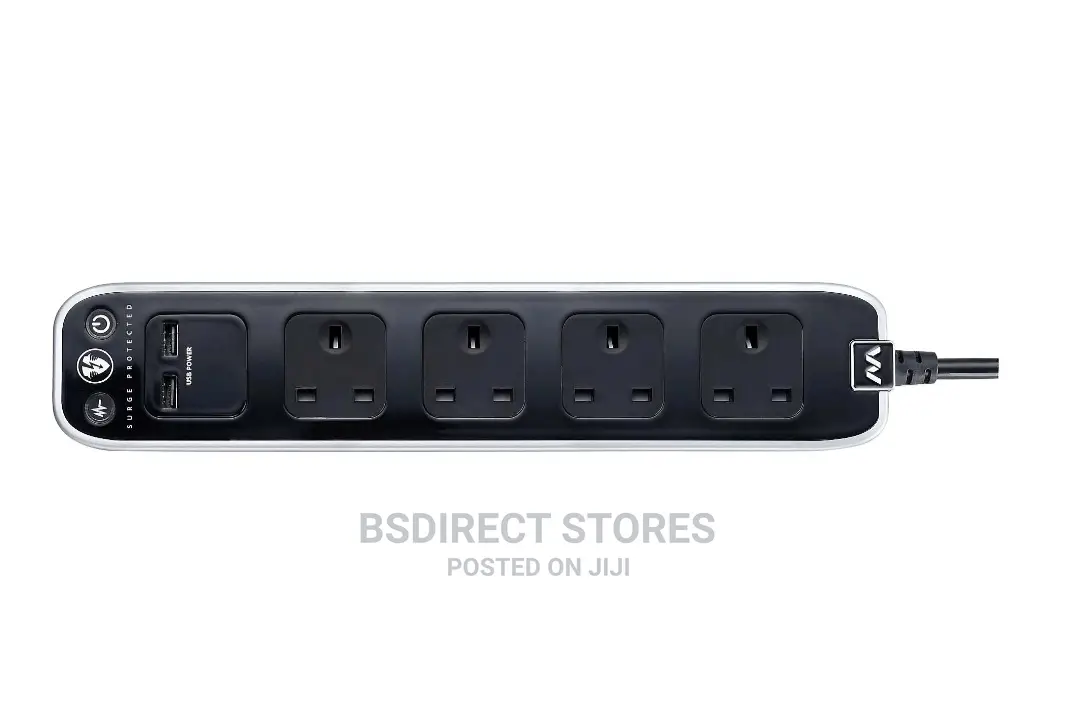 Masterplug BLACK 4 Socket Power Surge Protected Lead + 2 USB