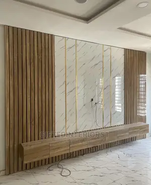 High Glossy Tv Console + Wall Cladding, Panel and LED Lights