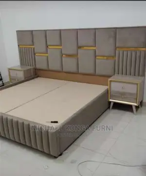 Beautiful Padded Bed With Bedside and Ottoman