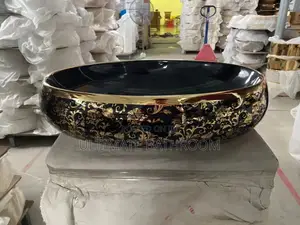 Black And Gold Egg Shape Flower Design Counter Top Basin