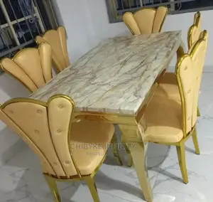 Classic Turkish Royal Wooden Dining Table by Six With Marble