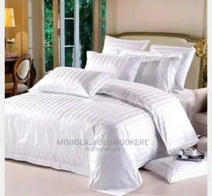 Plain White Stripped Duvet, Bedsheet and 4 Pillowcases