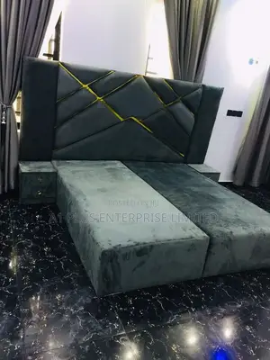 Dark Grey 6 X 6 Fabric Bedframe Wit Touch Of Gold Bedsides