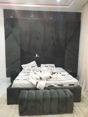 Full Height 6 X 6 Gray Fabric Bed With Ottoman 2 Bedsides