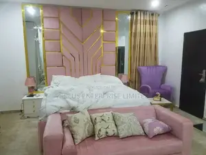Full Height Peach Fabric Bed With Sofa Ottoman Mirrors