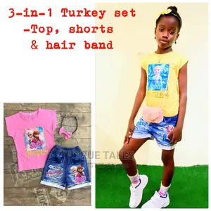 Turkey Frozen Top, Jeans Short And Hairband 3 In 1 Set
