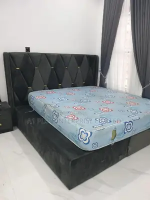 Grey 6 X 6 Fabric Bed With a Touch of Gold One Bedside