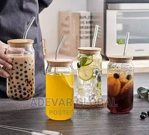 Coffee Mug Glass Cup With Bamboo Lid And Straw Transparent
