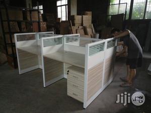 Wood Color And White Workstation For 4