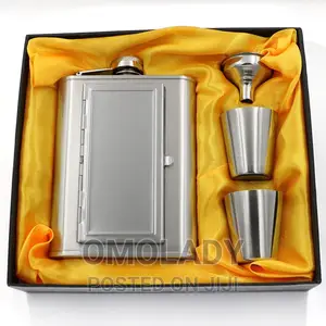 Hip Flask and Cigarette Case With Two Silver Cups Funnel
