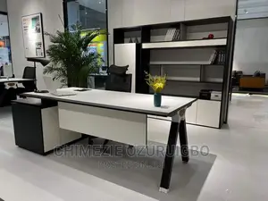 2 Meters White and Grey Executive Table With Matching Shelf