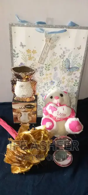 Gold Rose Flower, Vase, Mirror Teddy Bear for Lovers