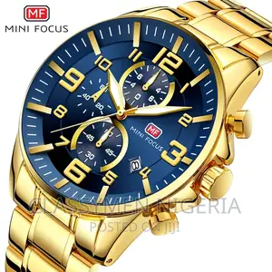 Minifocus Luxury Chronograph Calendar Gold Blue Steel Watch