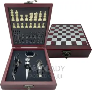 Compact Wooden Case Chess Board With Wine Accessory Kits