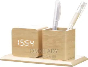 Wooden Digital Clock With Pen Holder