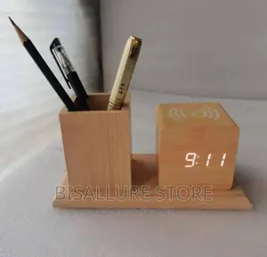 2 In 1 Wooden Alarm Clock And Pen Holder