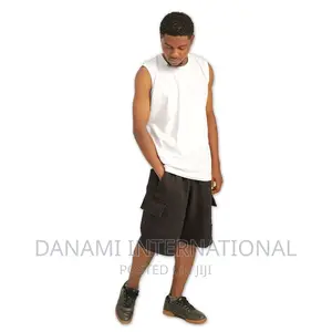 Danami Plain Black Cargo Combat Sweat Shorts White Sleevel