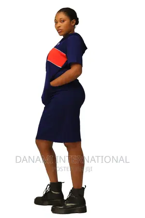 Danami Hooded Dress Gown- Red With White on Navy Blue