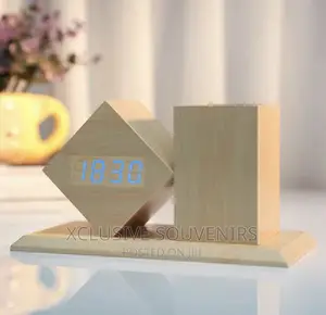 Wooden Alarm Clock With Pen Holder Table Organizer
