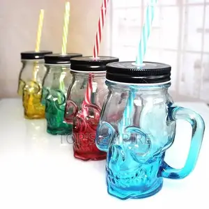 Glass Skull Mason Jar With Plastic Reusable Straw