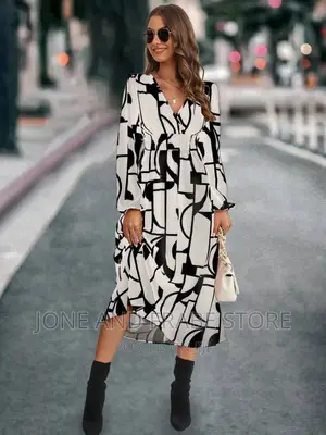 Women V Neck Printed Long Sleeve Dress