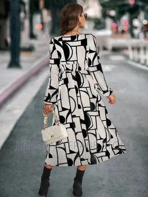 Women V Neck Printed Long Sleeve Dress