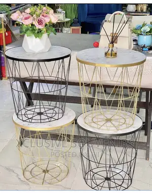 Nesting Storage Wire Basket Base and Marble Wood Tops Table