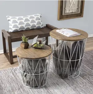 Nesting Storage Wire Basket Base and Marble Wood Tops Table