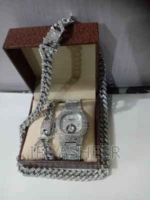 18" Iced Cuban Silver Neck Hand Chain With Wrist Watch