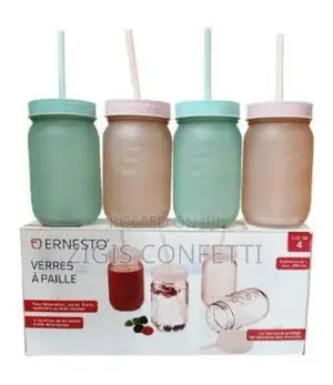 Set of 4 Glass Smoothie Cups With 8 Straws - 450ml
