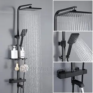 Matte Black Thermostatic Shower Set With Storage Shelf